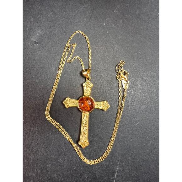 NEW Baltic Amber cross pendant in gold over sterling silver - Picture 14 of 16